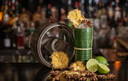 Close-up of fruits and spices macerating in cognac to create Lise Baccara’s cognac arrangé French liqueur